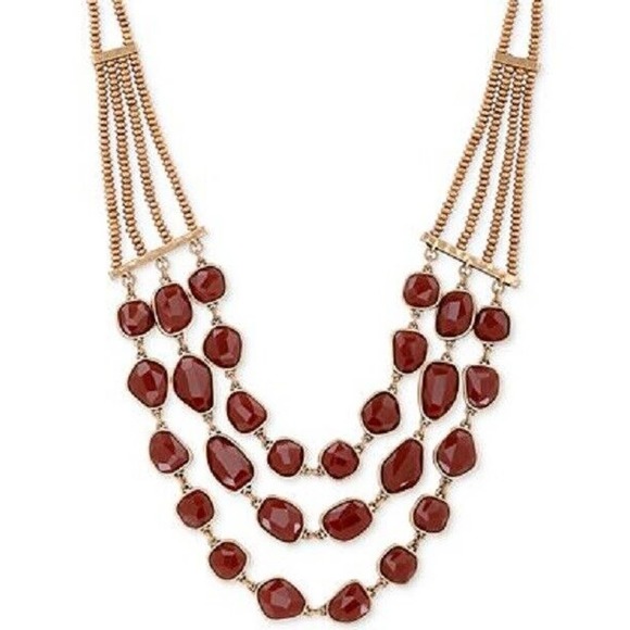 Lucky Brand Gold Tone Red Stone Three Strand Necklace - Picture 1 of 2